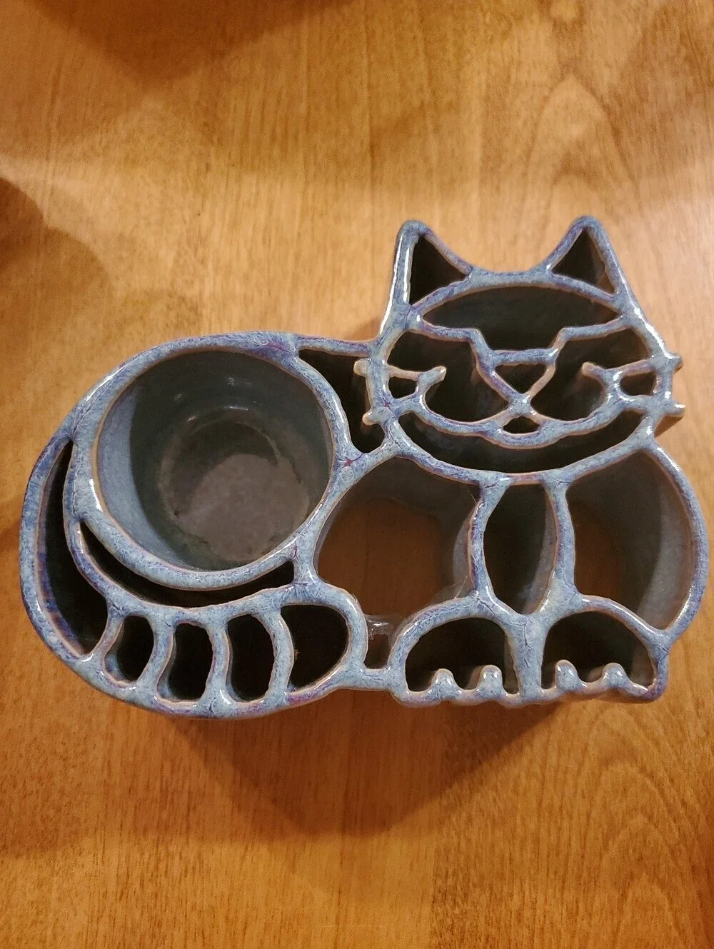 Candle Pots Kitty Cat Blue Brown Drip Glaze Votive Holder Bay Pottery USA MADE